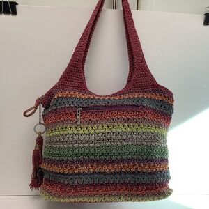 The Sak Belle Crochet Large 2 Handle Tote Rainbow Stripe Purse Handbag Boho Bag